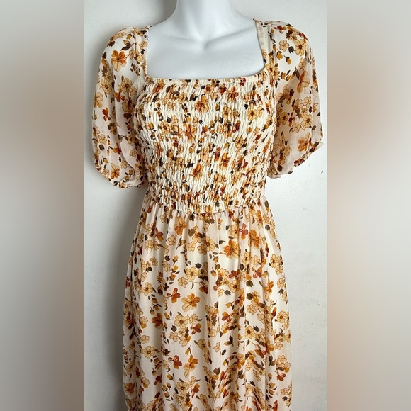Jessica Simpson Floral Smocked Dress in Cream and Orange - Picture 2 of 5